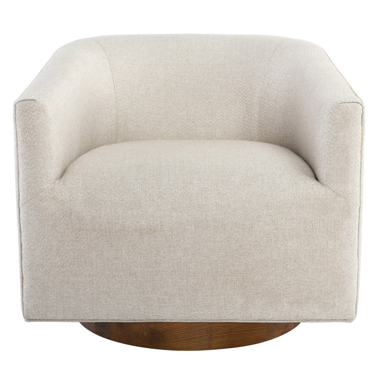 French Beige Basketweave Swivel Accent Chair with Wood Base