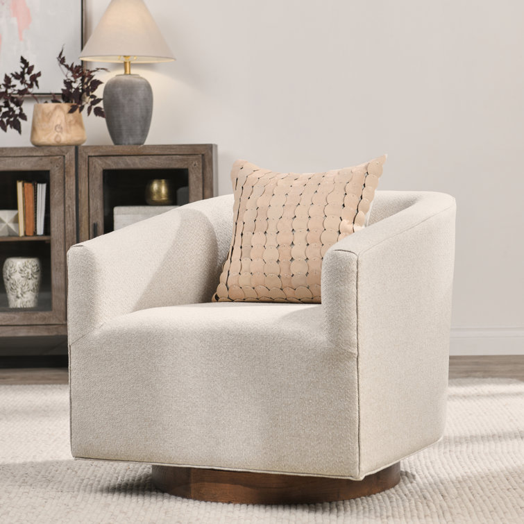 French Beige Basketweave Swivel Accent Chair with Wood Base