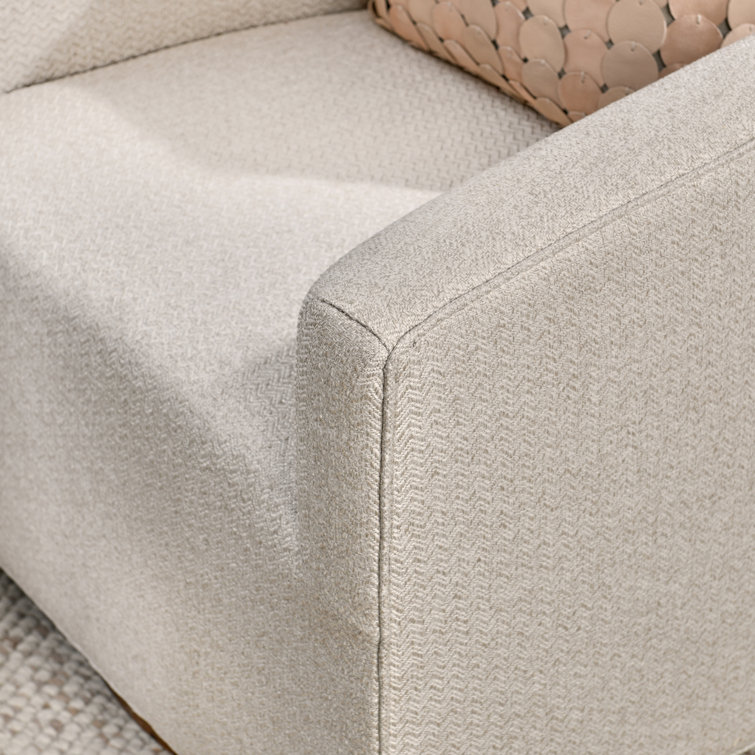 French Beige Basketweave Swivel Accent Chair with Wood Base