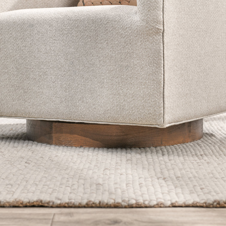 French Beige Basketweave Swivel Accent Chair with Wood Base