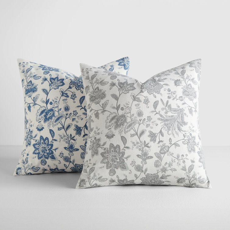 Gray Floral Cotton Square Throw Pillow Set