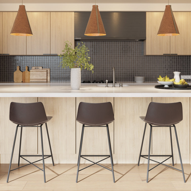 Bela 24'' Brown Faux Leather Counter Stools with Metal Legs