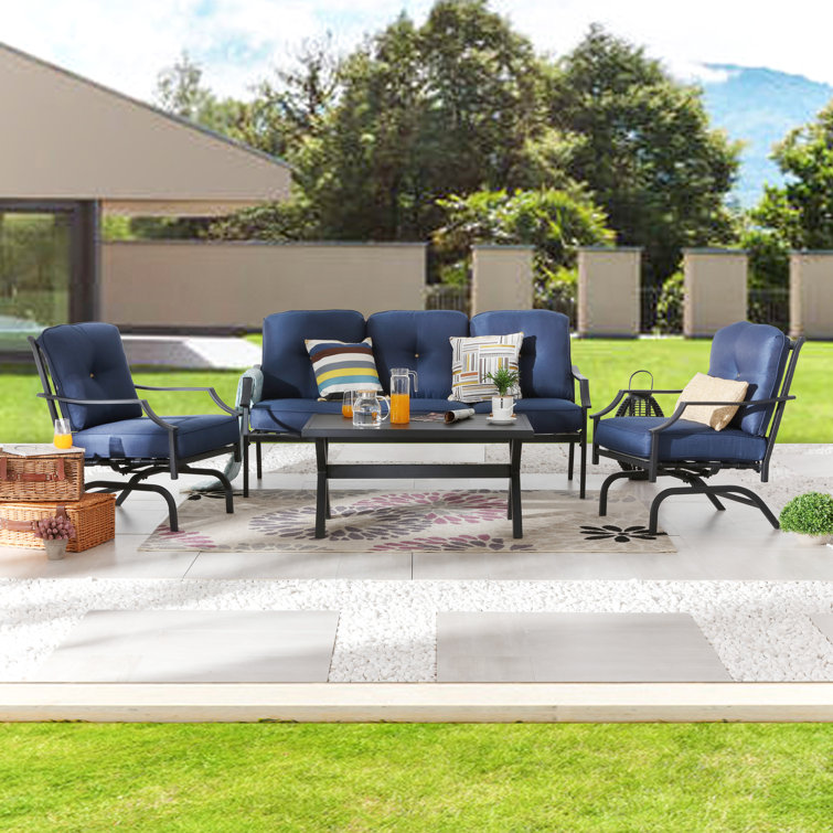 Blue Cushioned 5-Person Metal Outdoor Seating Set