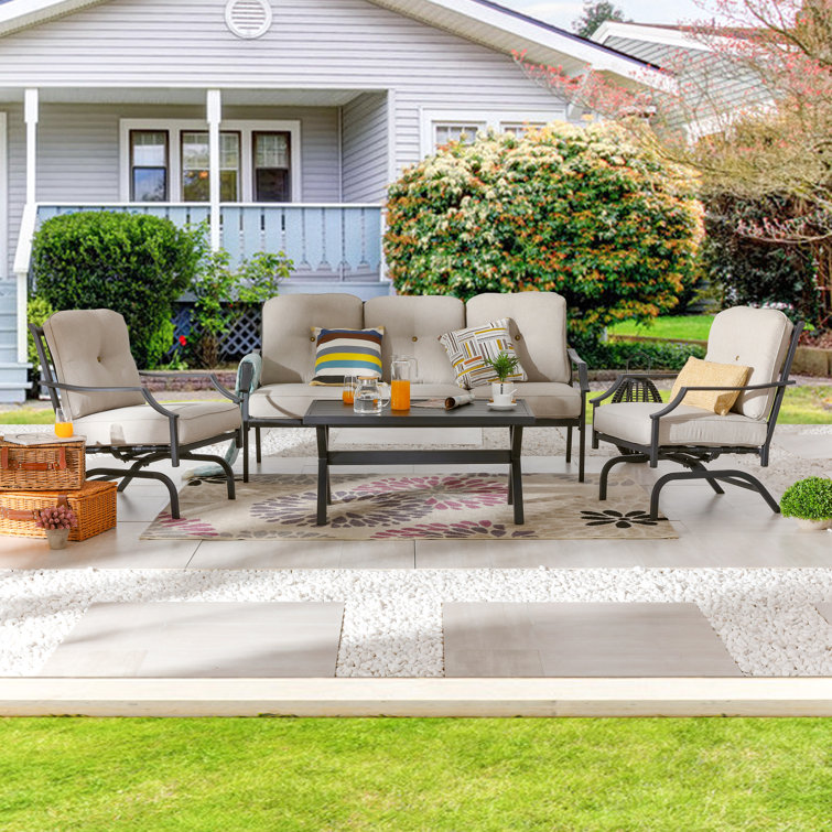 Beige Cushioned Black Metal 5-Person Outdoor Sofa Seating Group