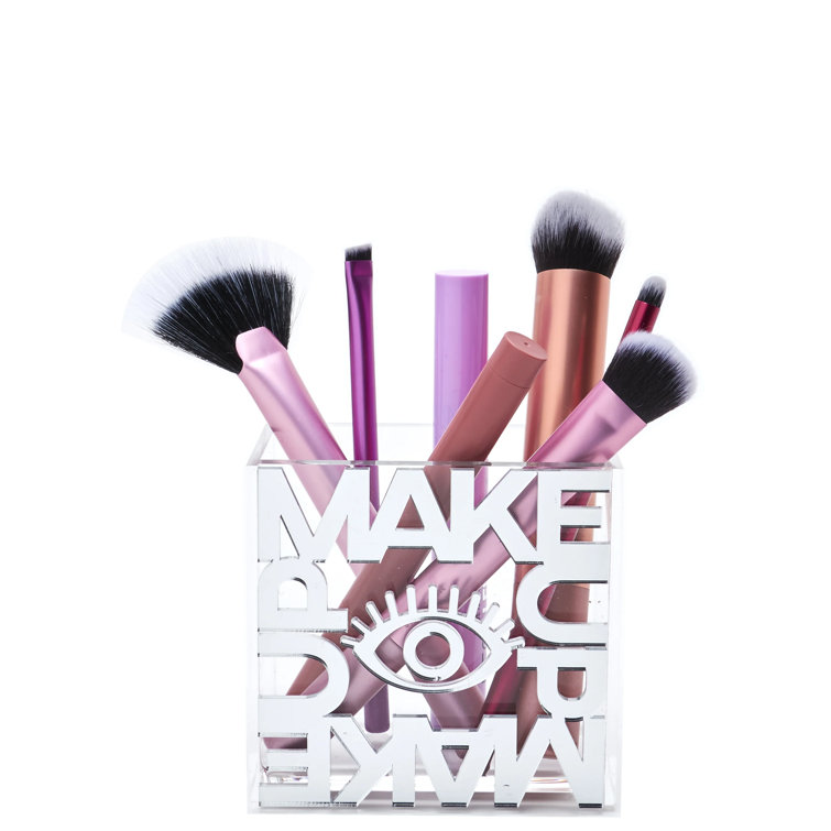 Clear Acrylic Tabletop Makeup Organizer with Mirrored Lettering