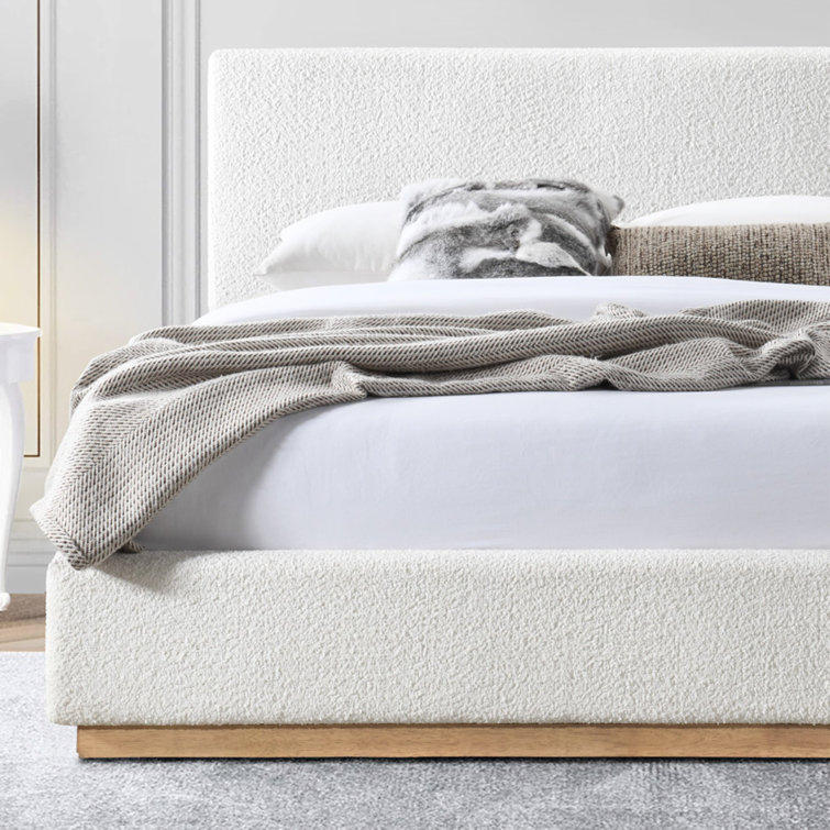 Cream Boucle Upholstered Queen Platform Bed with Wood Frame