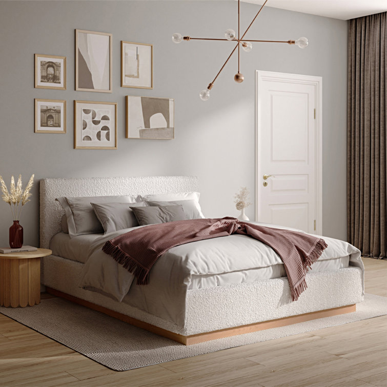 Cream Boucle Upholstered Queen Platform Bed with Wood Frame