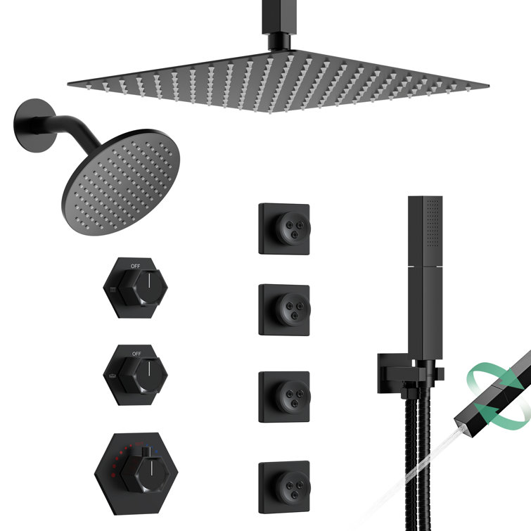Matte Black Large Square Brass Ceiling Mounted Shower System
