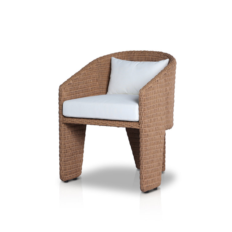 Vintage Natural Wicker Outdoor Dining Chair with White Cushions