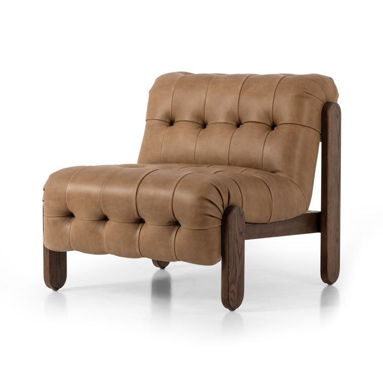 Tan Leather Button-Tufted Wood Accent Chair