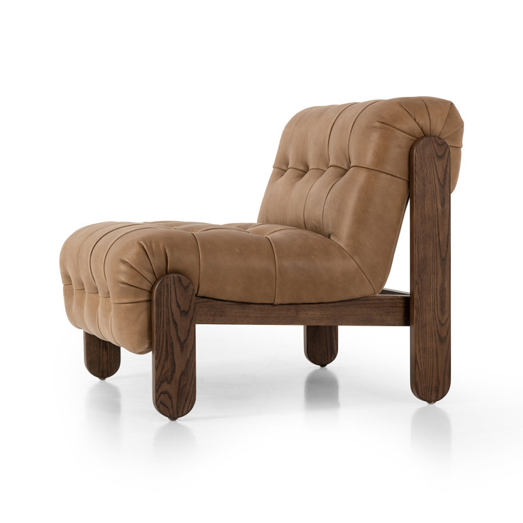 Tan Leather Button-Tufted Wood Accent Chair