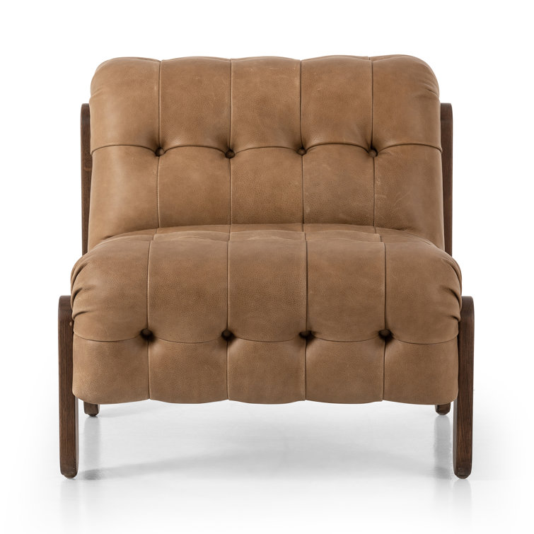 Tan Leather Button-Tufted Wood Accent Chair