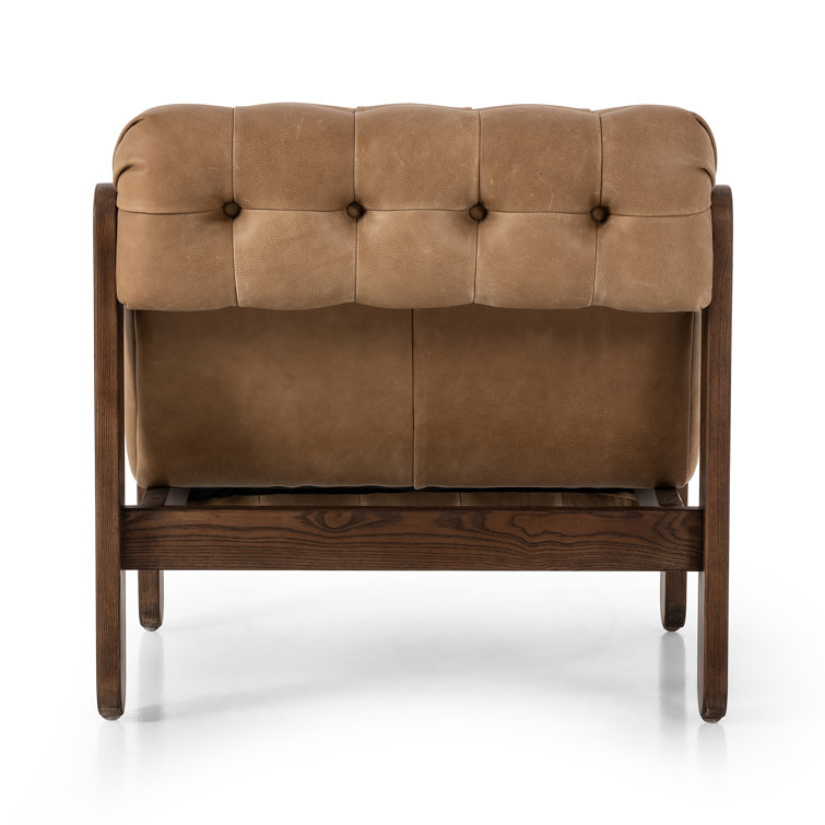 Tan Leather Button-Tufted Wood Accent Chair