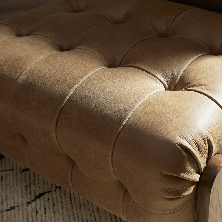 Tan Leather Button-Tufted Wood Accent Chair