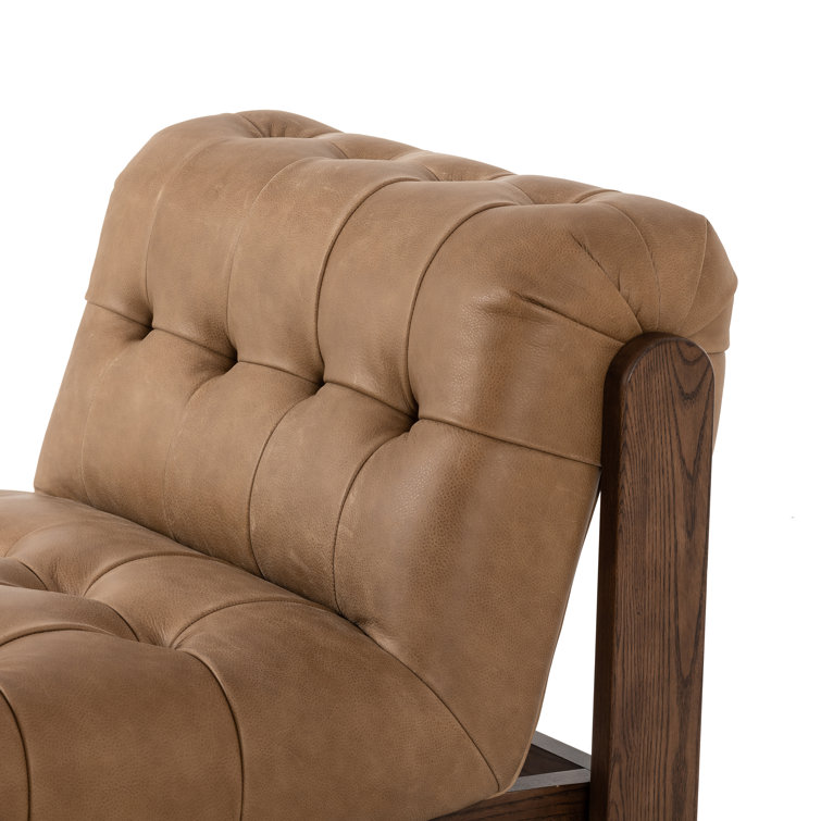Tan Leather Button-Tufted Wood Accent Chair
