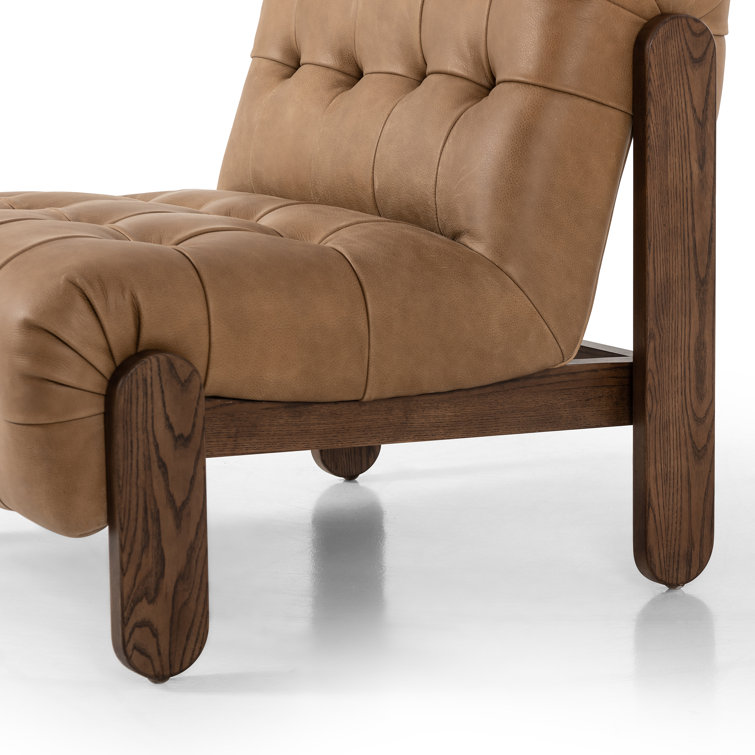 Tan Leather Button-Tufted Wood Accent Chair