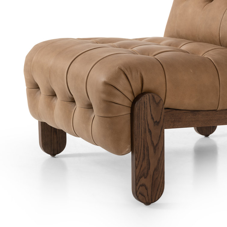 Tan Leather Button-Tufted Wood Accent Chair