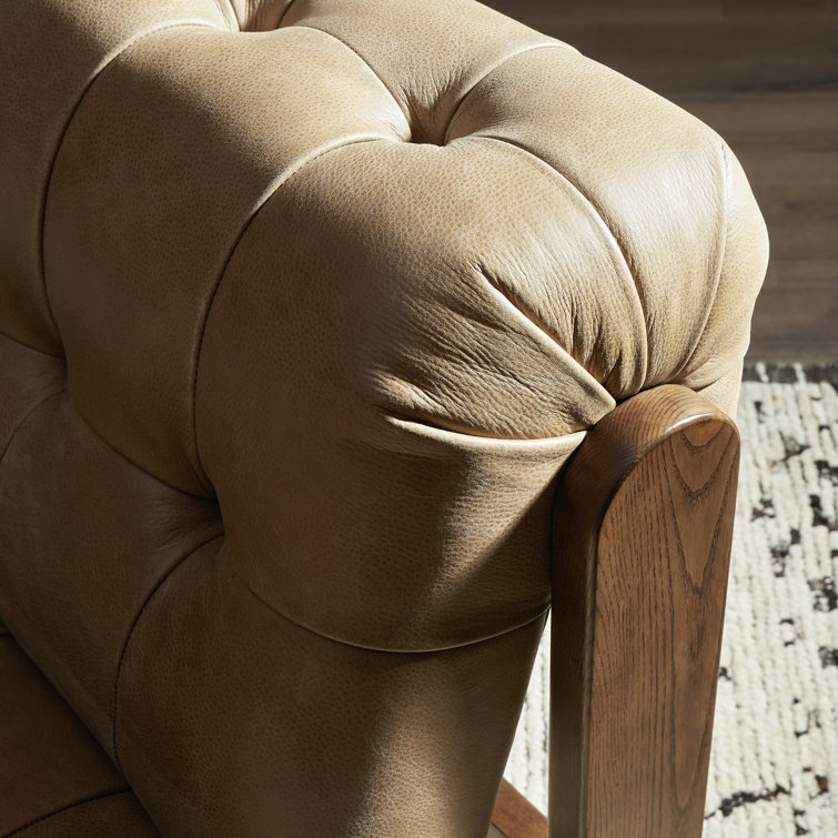 Tan Leather Button-Tufted Wood Accent Chair
