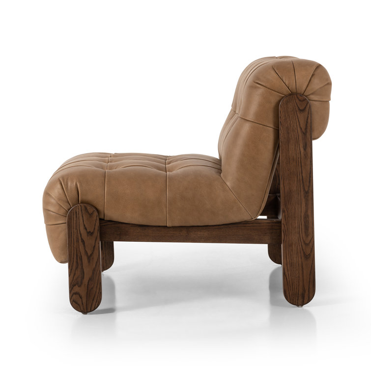 Tan Leather Button-Tufted Wood Accent Chair