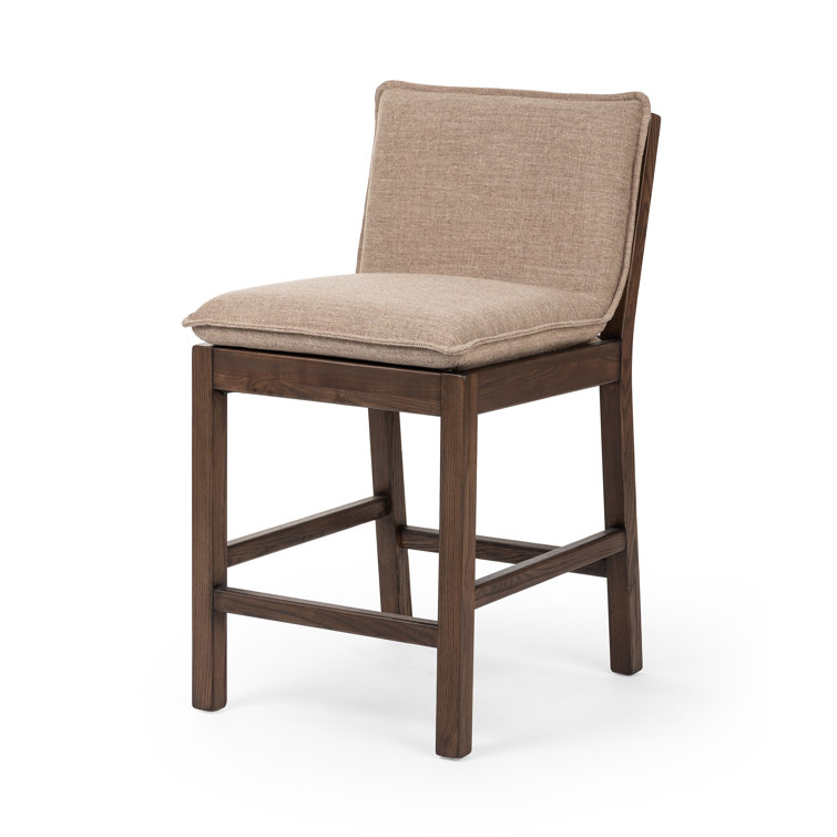 Beige Upholstered Wooden Counter Stool with Tapered Legs