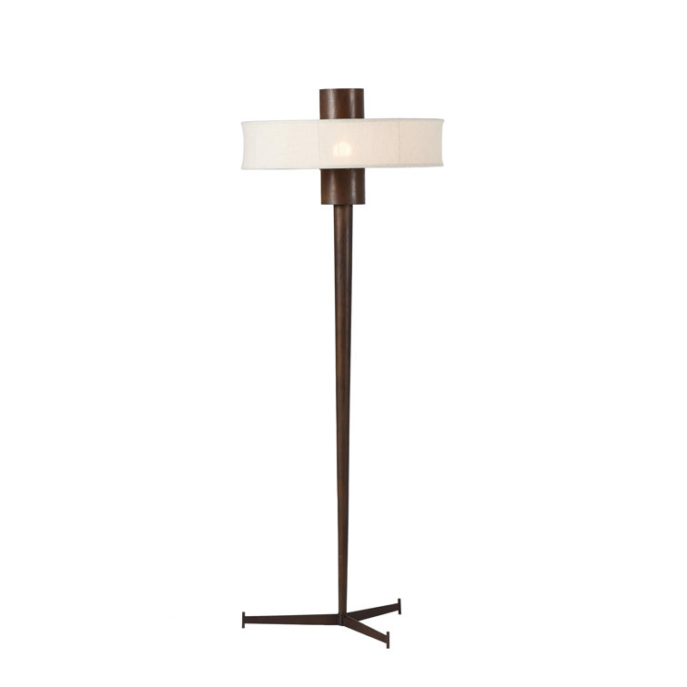 Mid-Century Modern Dark Brown Tripod Floor Lamp with Linen Shade
