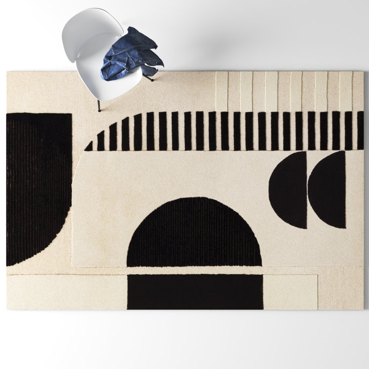 Mid-Century Modern Black and Cream Hand-Tufted Wool Area Rug 8'10"x12'