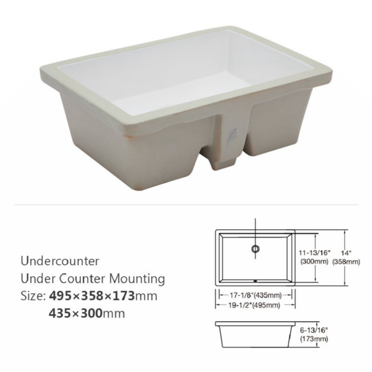 Hewei 14'' White Ceramic Rectangular Undermount Bathroom Sink