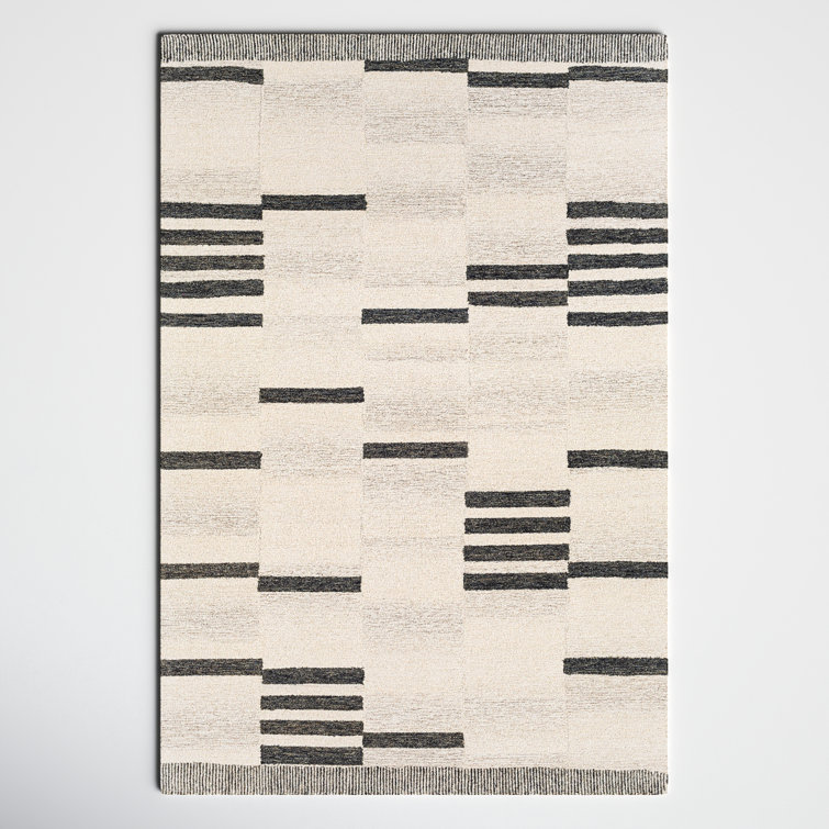 Handmade Cream and Black Wool Tufted Striped Rug 6' x 9'