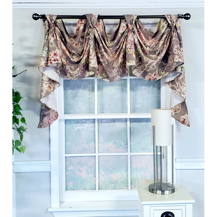 Gray Floral Polyester Swag Window Valance with Tacked Tabs