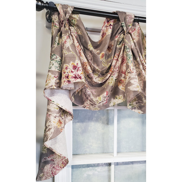 Gray Floral Polyester Swag Window Valance with Tacked Tabs