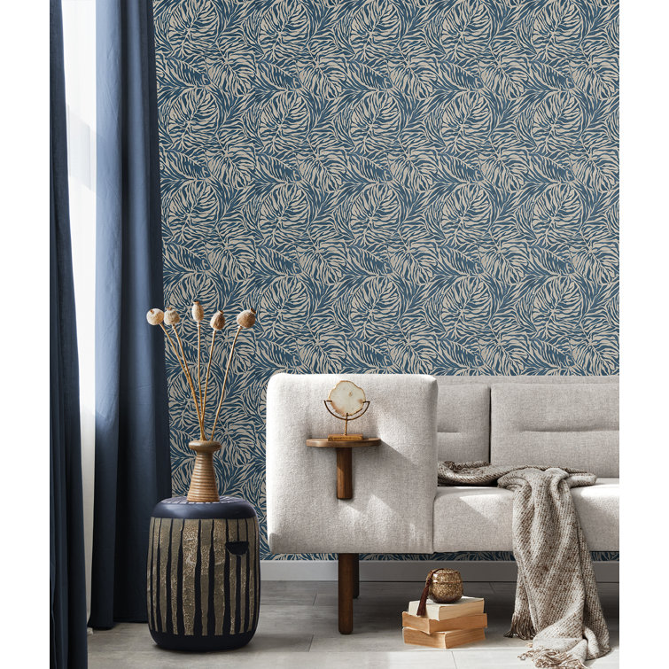 Indigo Blue Tropical Zebra Leaf Peel and Stick Wallpaper Roll
