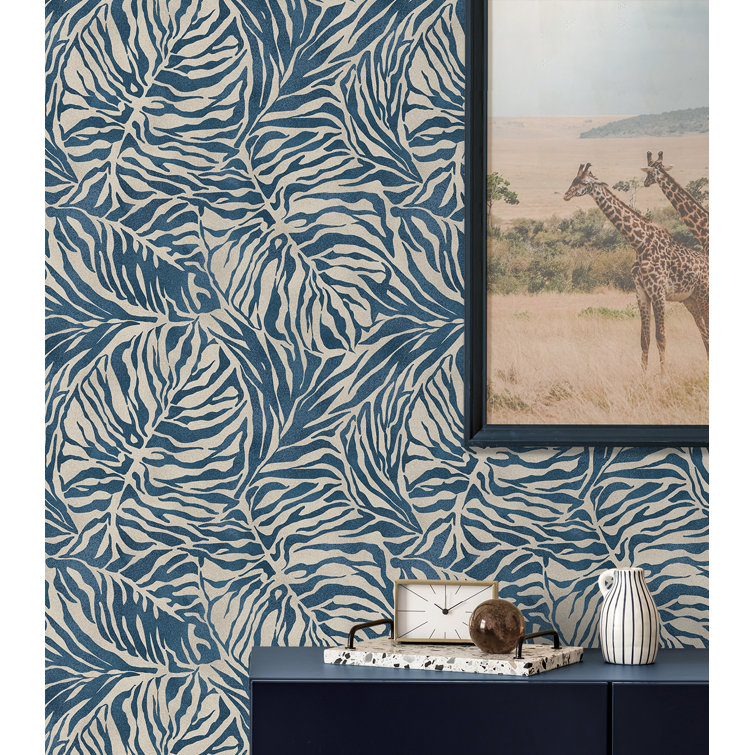 Indigo Blue Tropical Zebra Leaf Peel and Stick Wallpaper Roll