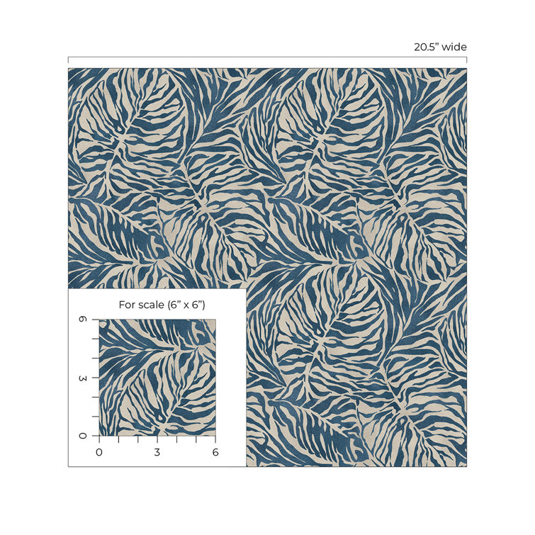 Indigo Blue Tropical Zebra Leaf Peel and Stick Wallpaper Roll