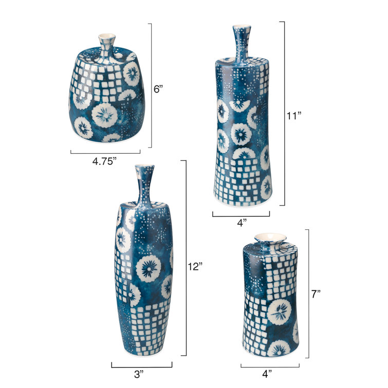 Indigo and White Ceramic Decorative Table Vases Set