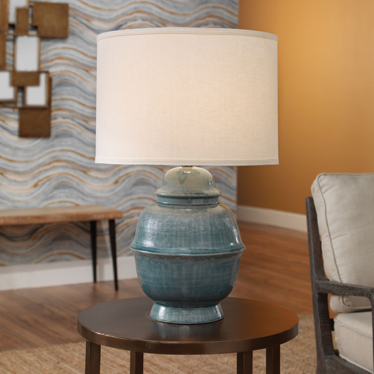 Blue Ceramic Table Lamp with Sea Salt Linen Shade