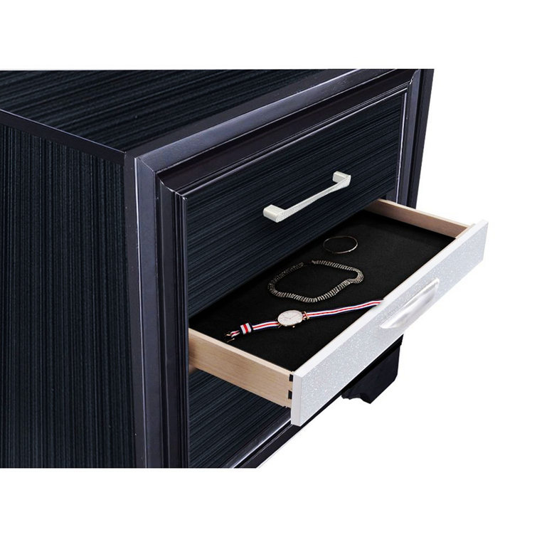 Elegant Glossy Black 3-Drawer Nightstand with Crystal Inserts