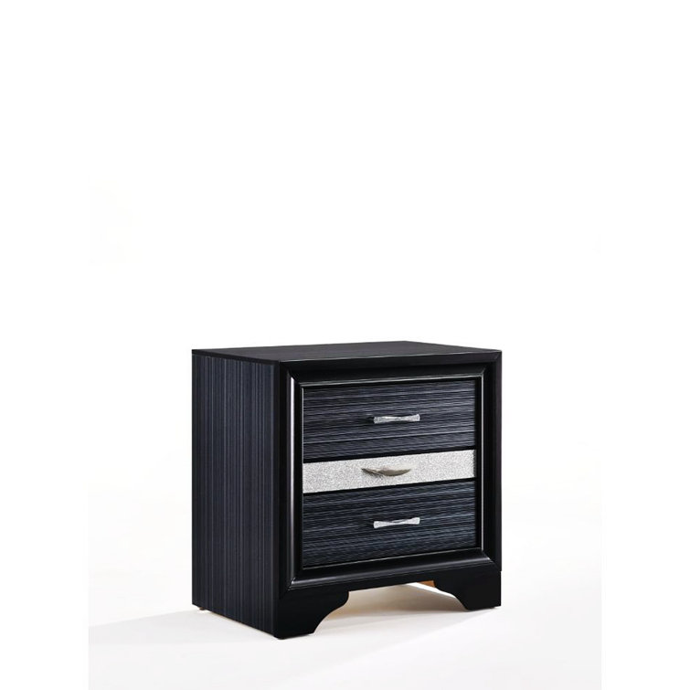 Elegant Glossy Black 3-Drawer Nightstand with Crystal Inserts