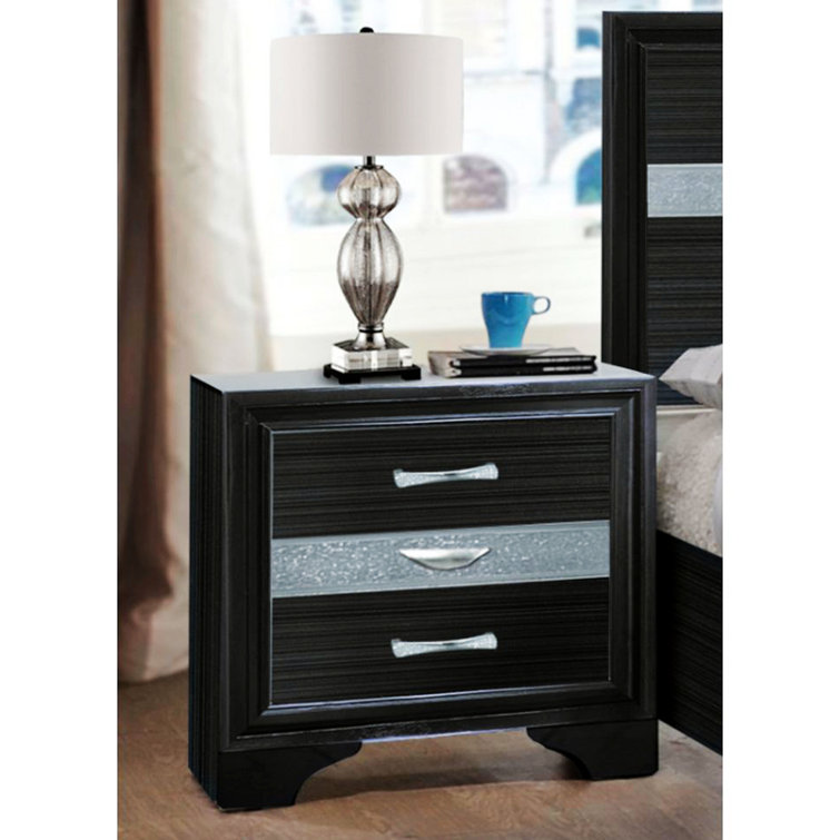 Elegant Glossy Black 3-Drawer Nightstand with Crystal Inserts