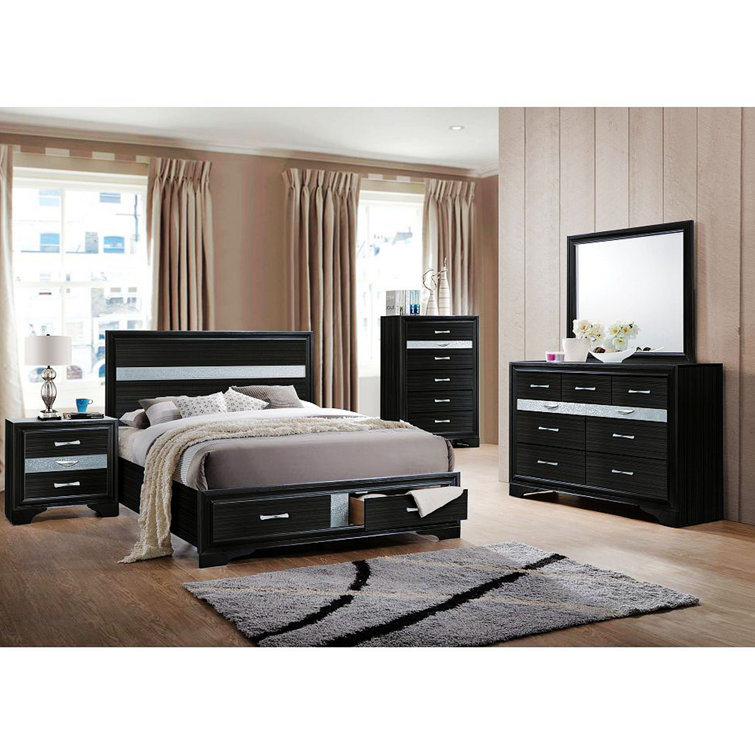 Elegant Glossy Black 3-Drawer Nightstand with Crystal Inserts