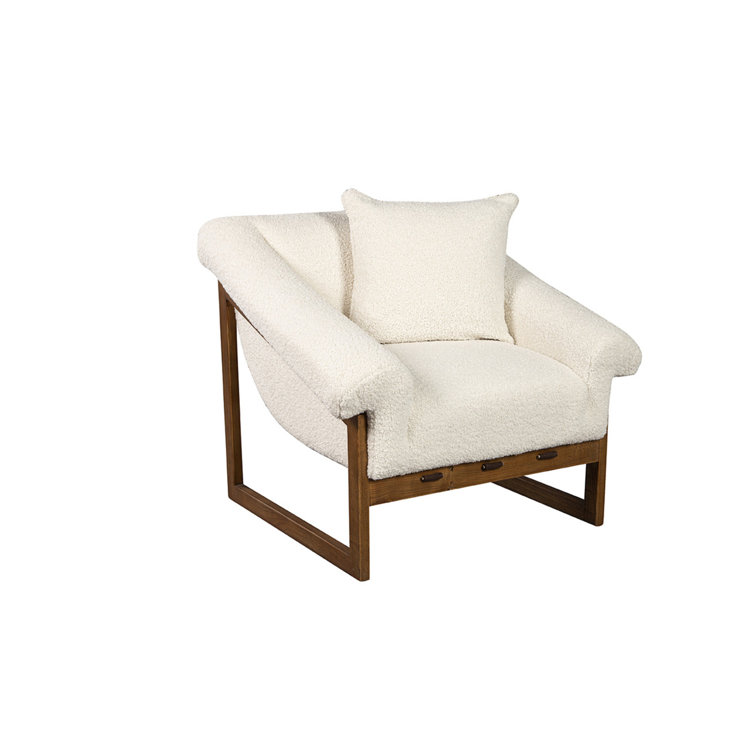 White Boucle Upholstered Oak Sled Base Armchair