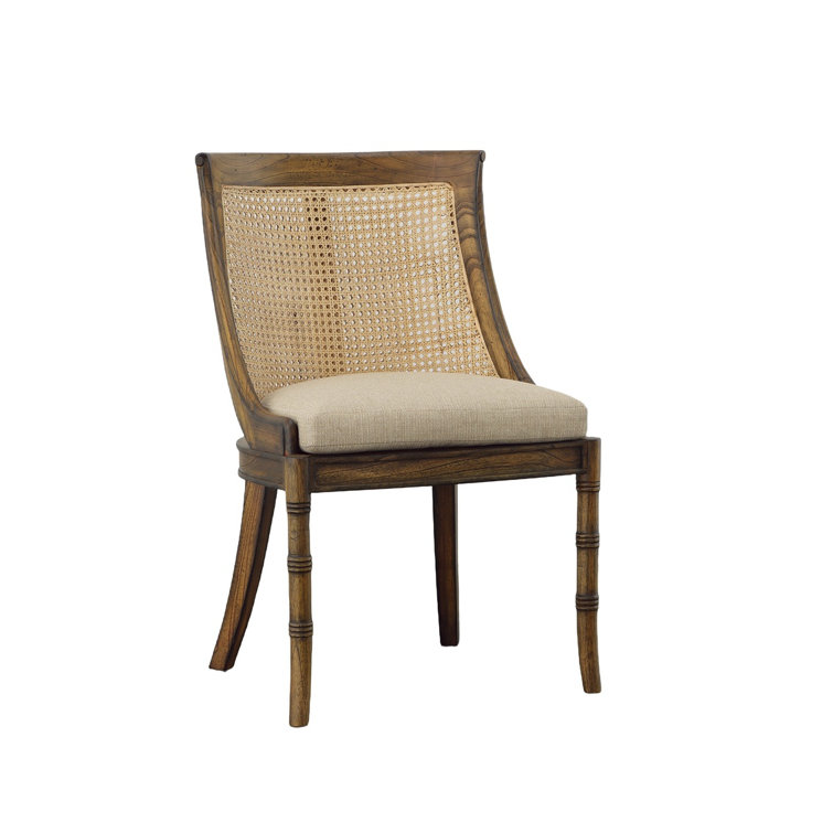 Brown Mahogany Cane Upholstered Linen Side Chair