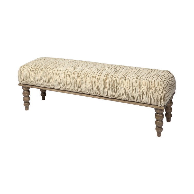 Beige Polyester Upholstered Bench with Mango Wood Legs