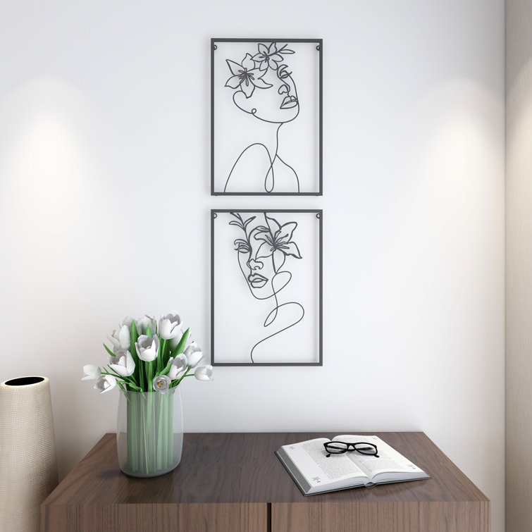 Black Iron Floral Face Line Art Wall Decor