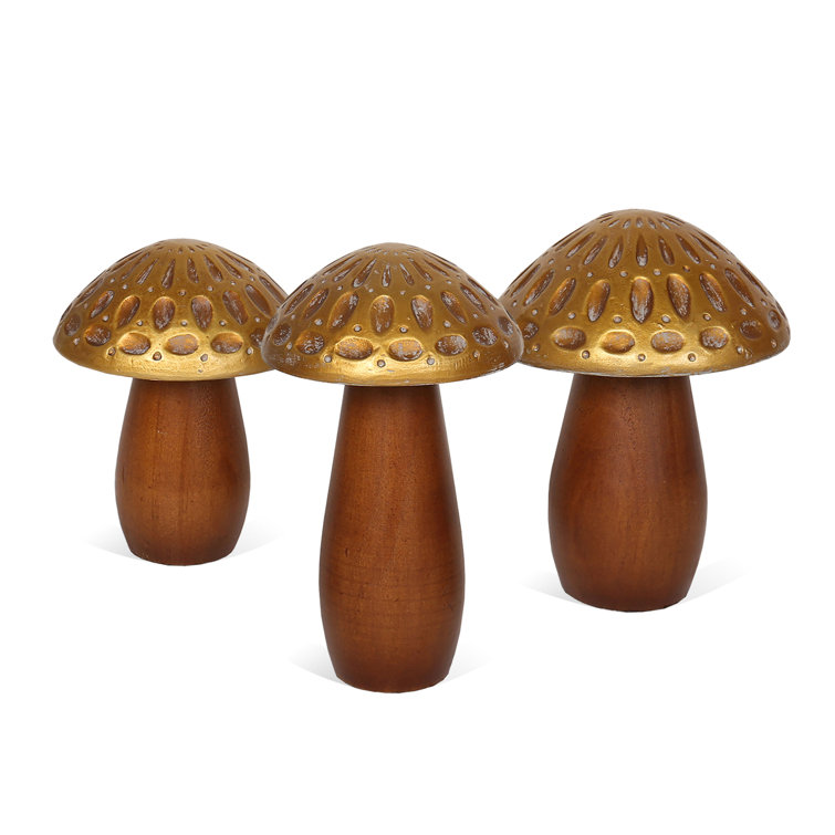 Set of 3 Golden and Brown Firwood Mushroom Sculptures