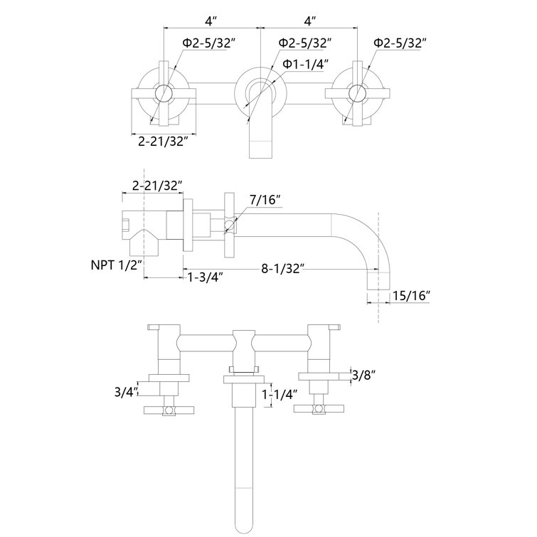 Brushed Brass Wall Mount Bathroom Faucet with Cross Handles