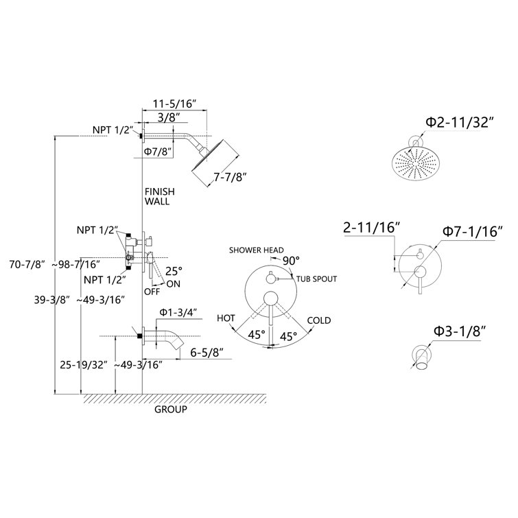 Brushed Nickel Wall Mounted Rain Shower System with Tub Faucet