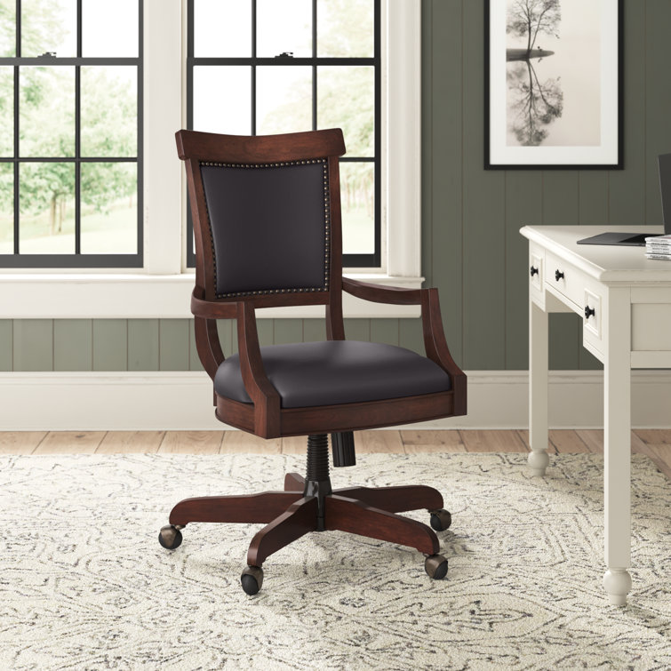 Traditional Cognac Brown Leather & Wood Swivel Desk Chair