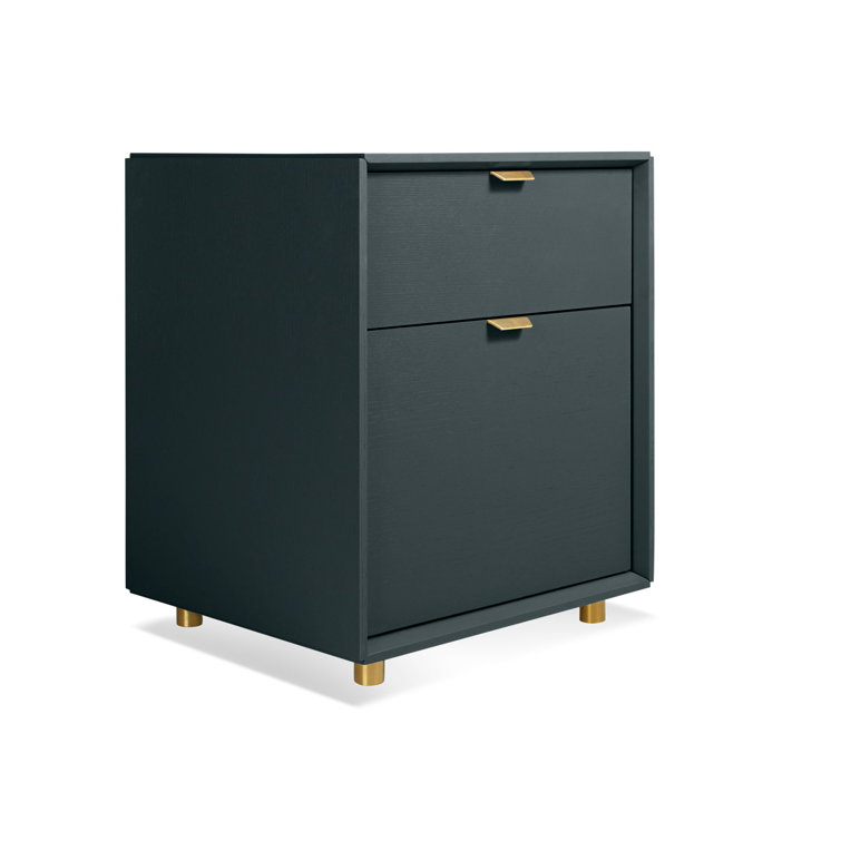 Navy Green Wood Pedestal Filing Cabinet with Brass Accents