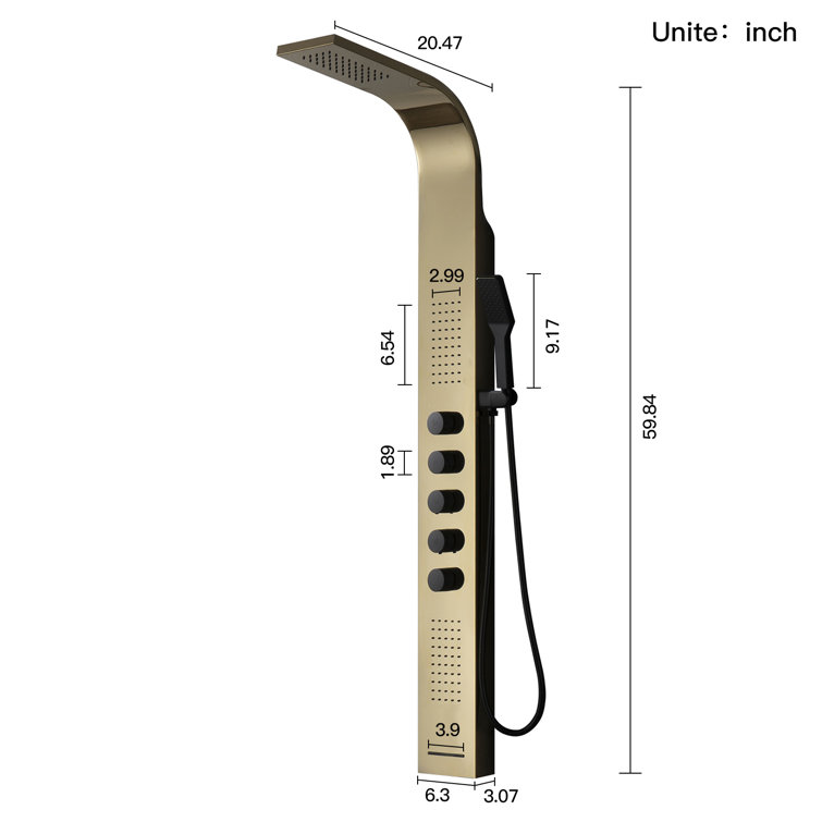 Black and Gold 60'' Modern Brass Shower Panel System with Rainfall Shower Head