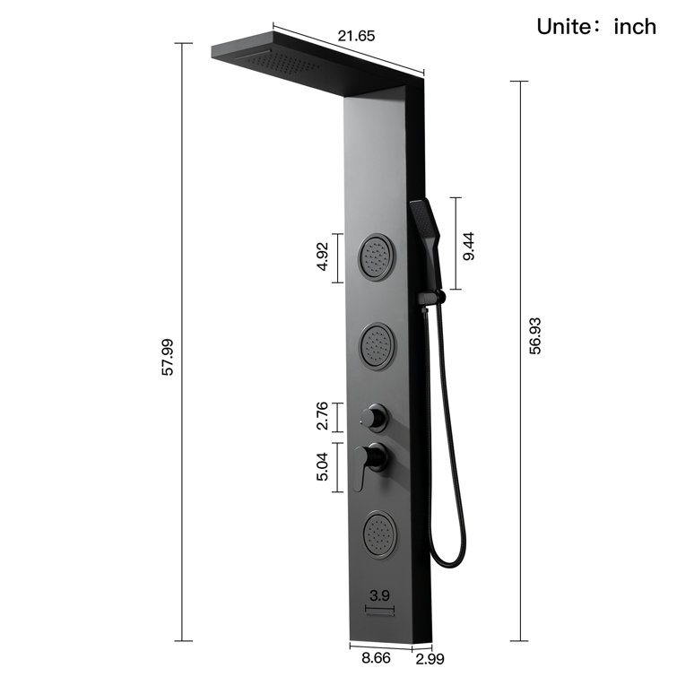 Matte Black 52'' Shower Panel System with Rainfall Shower Head